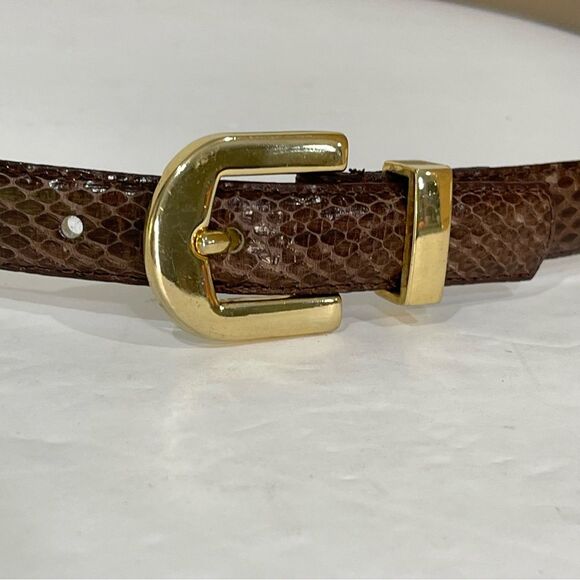 VTG Skinny Genuine Snake Skin Brown Belt Gold Buckle Chic Dressy Textured Size L - Picture 4 of 11